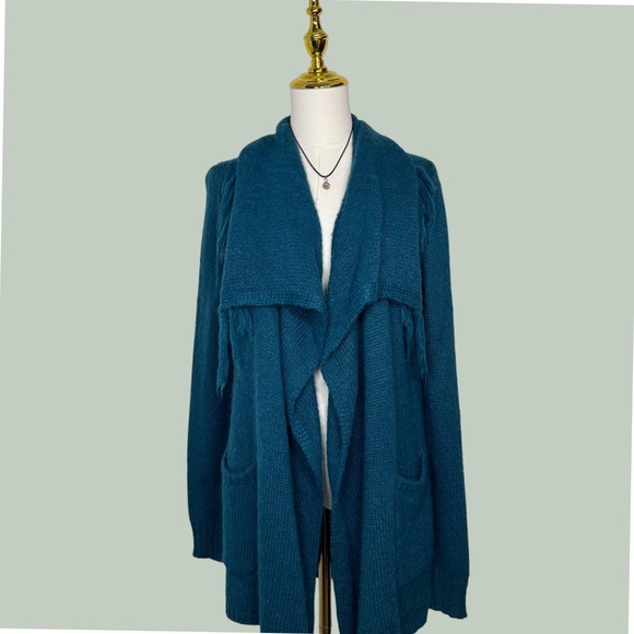 Bass Sweaters - bass blue knit scarf cardigan fringe open‎ front boho chic quiet luxury shawl